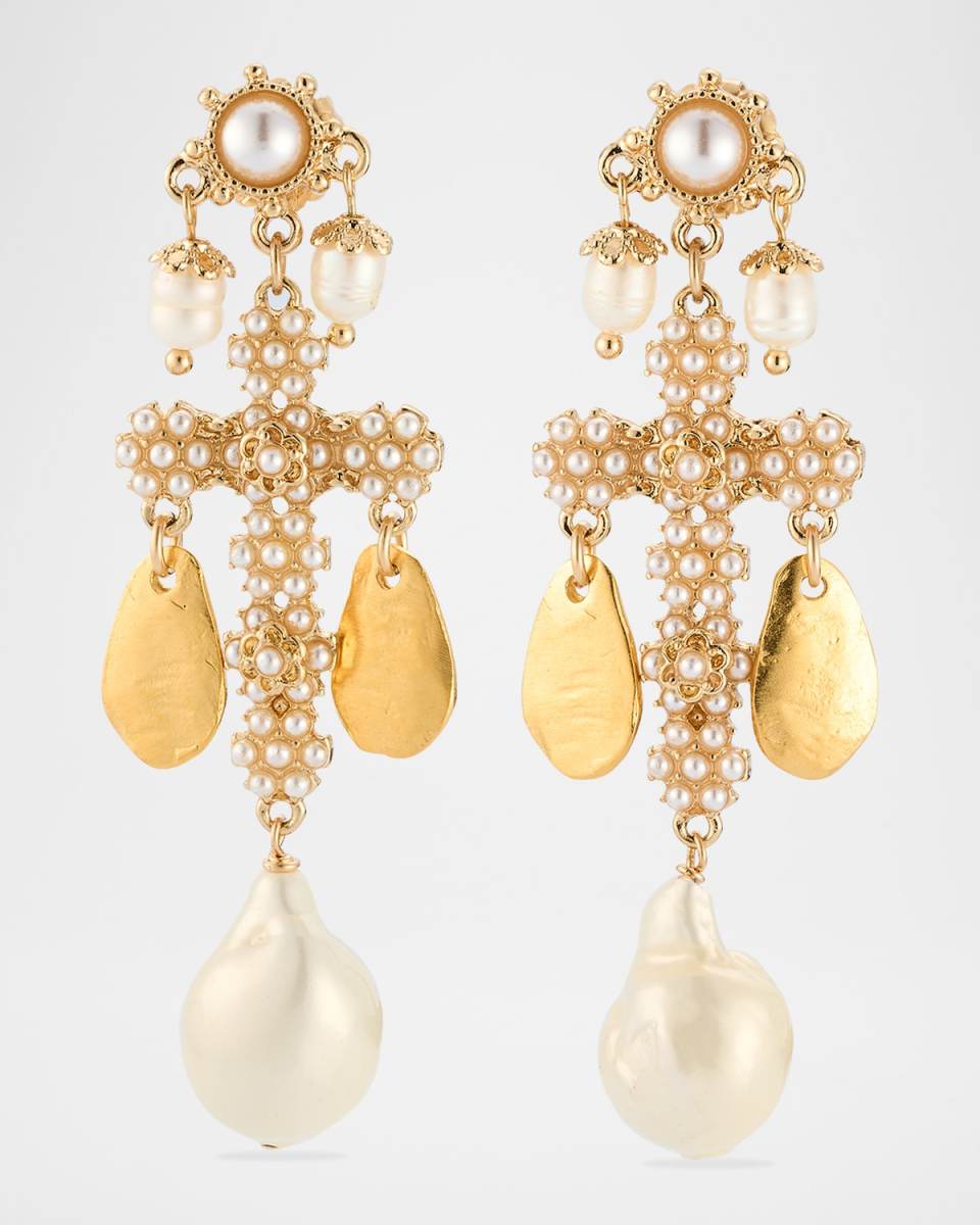 White Pearl Gold Leaf Cross Post Earrings